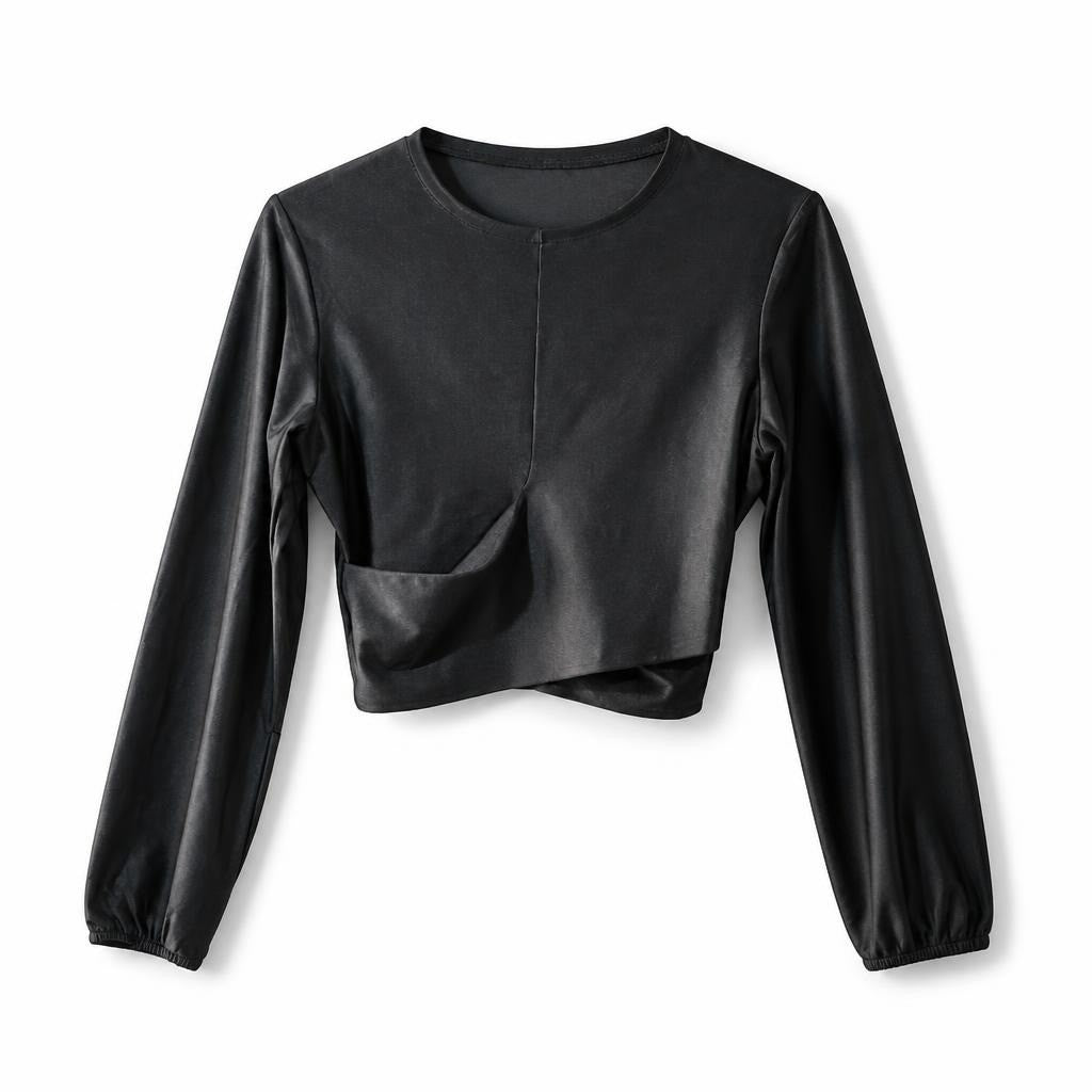 Black long-sleeve crop top crossover hem - second-hand at Why Go Less