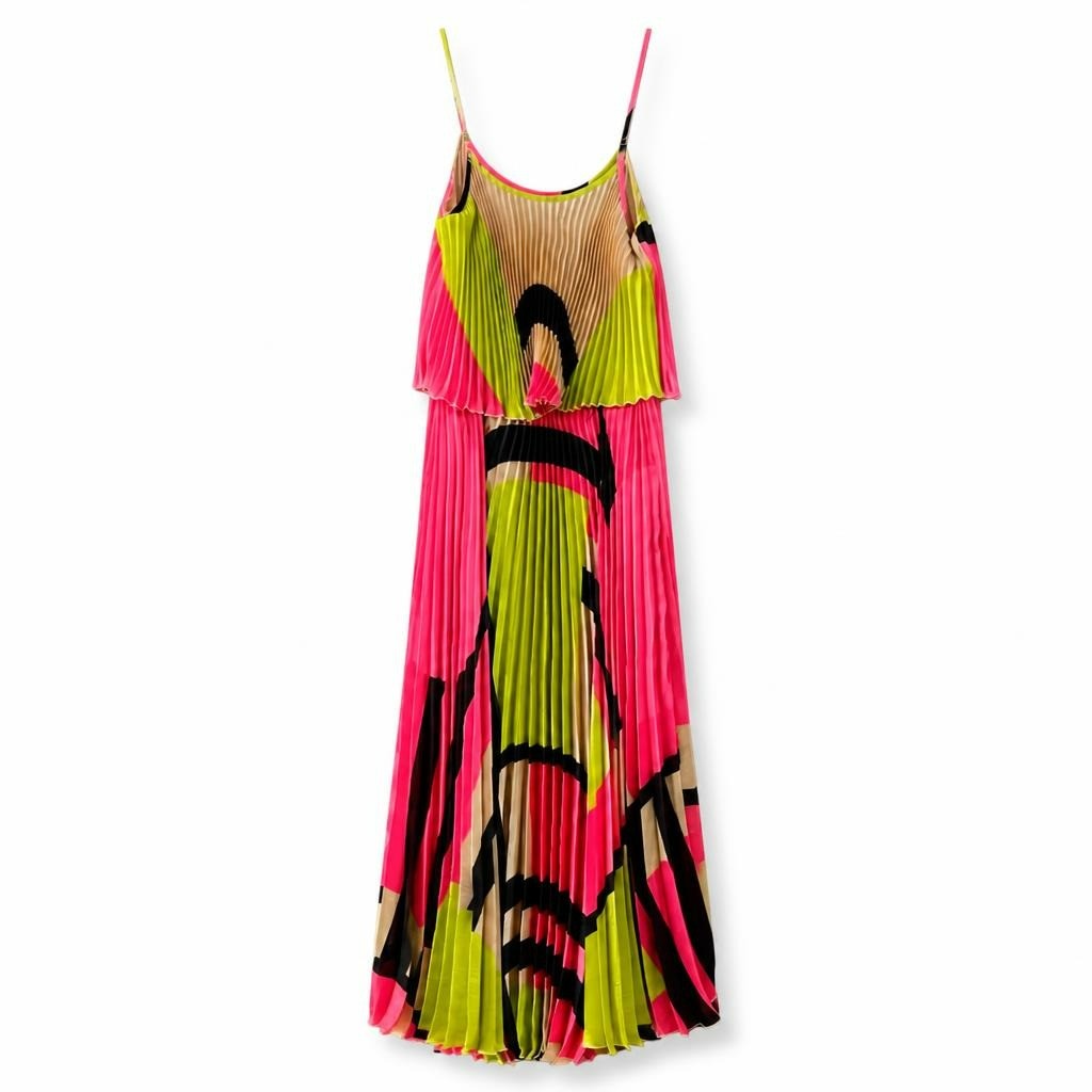 Neon multicolor pleated maxi dress, spaghetti stra - second-hand at Why Go Less