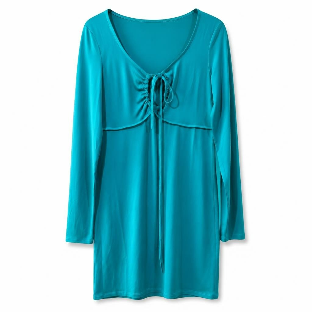Teal green long-sleeve ruched tie-front mini dress - second-hand at Why Go Less