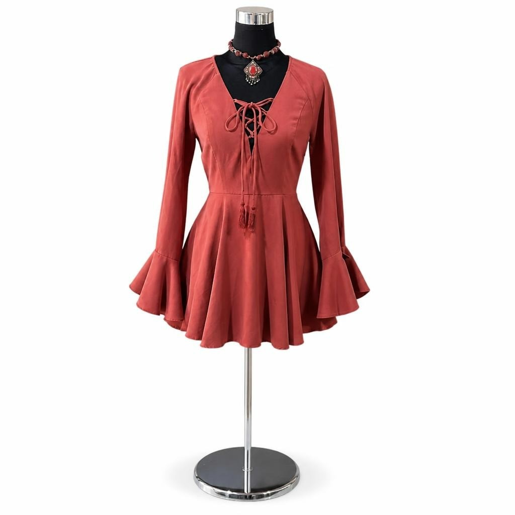 Rust red lace-up flare sleeve mini dress - second-hand at Why Go Less