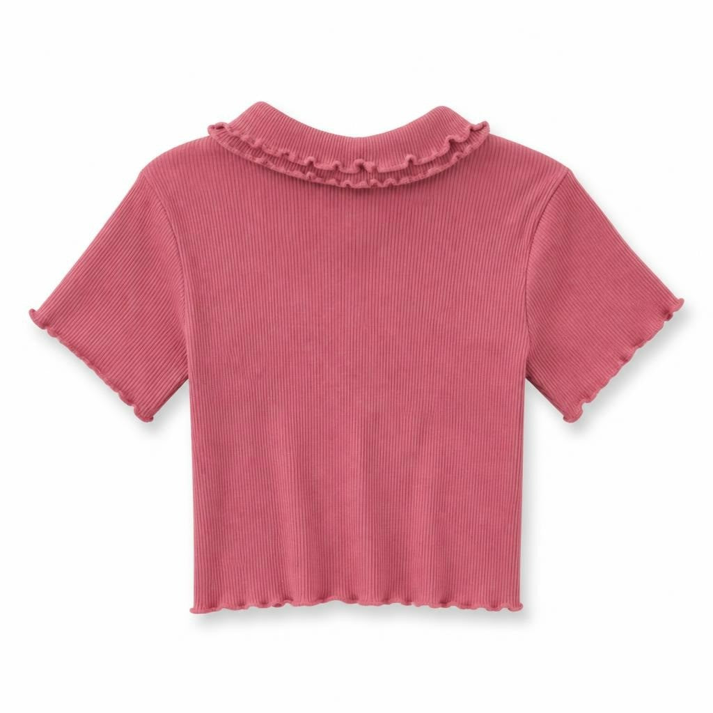 Juniors dusty rose ribbed ruffle-neck baby top - second-hand at Why Go Less