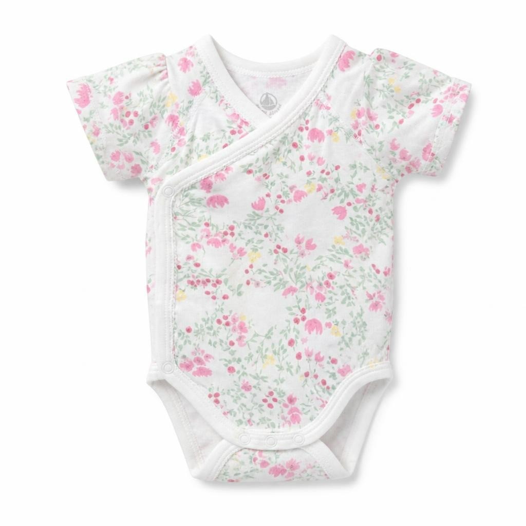 Petit Bateau floral wrap bodysuit, white/pink, new - second-hand at Why Go Less
