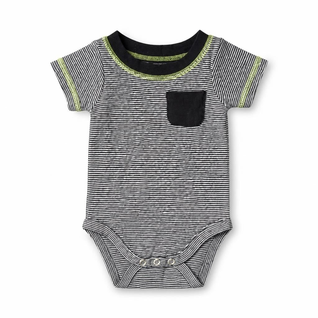 Striped black baby bodysuit w/ neon trim, snap clo - second-hand at Why Go Less