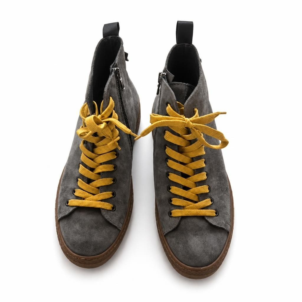 Grey suede high-top sneakers yellow laces - second-hand at Why Go Less