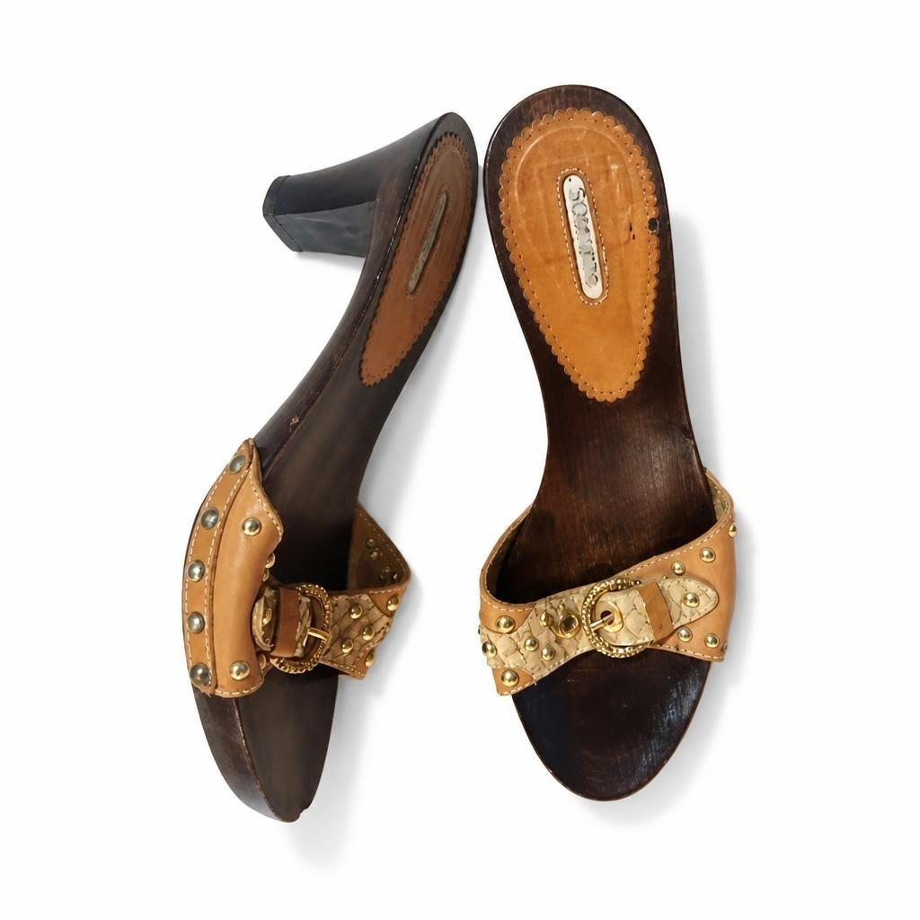 Studded tan leather mule sandals wood block heel - second-hand at Why Go Less